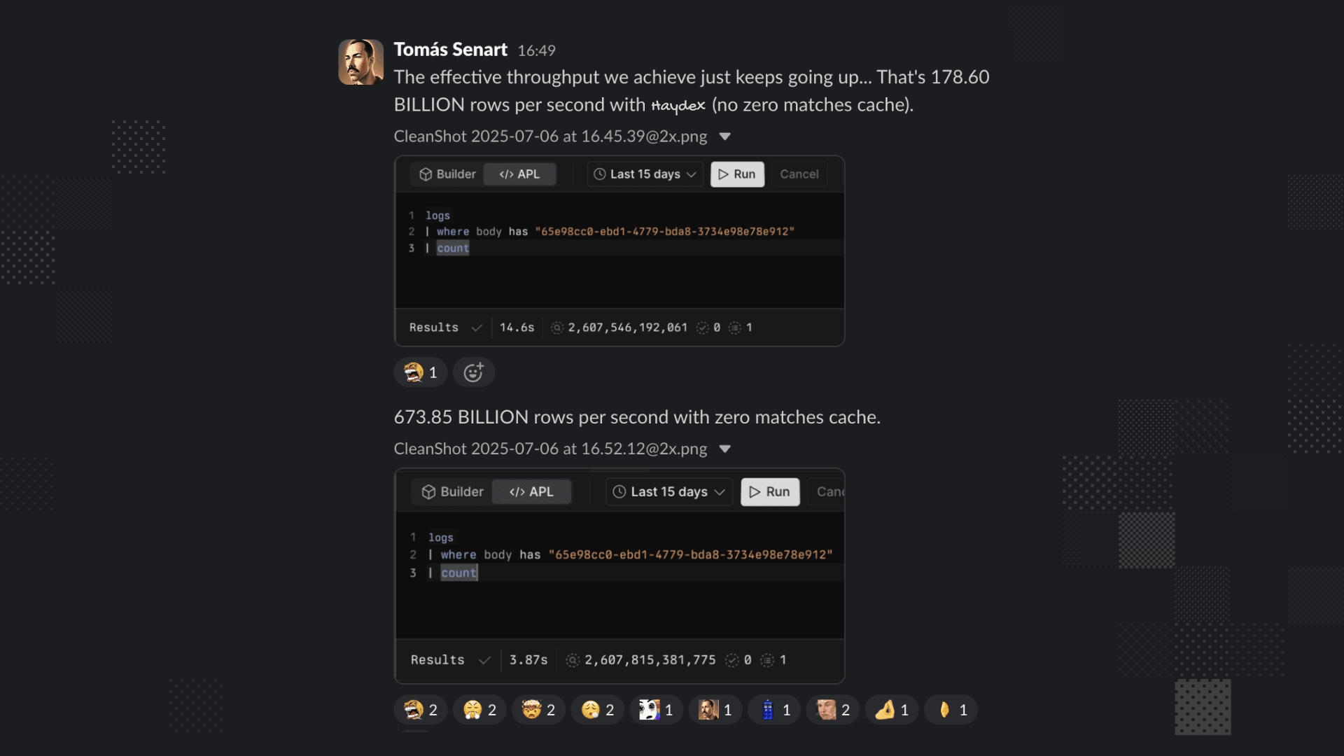 Slack screenshot showing 178.6 B rows/sec (no zero‑matches cache) and 673.85 B rows/sec (with cache)