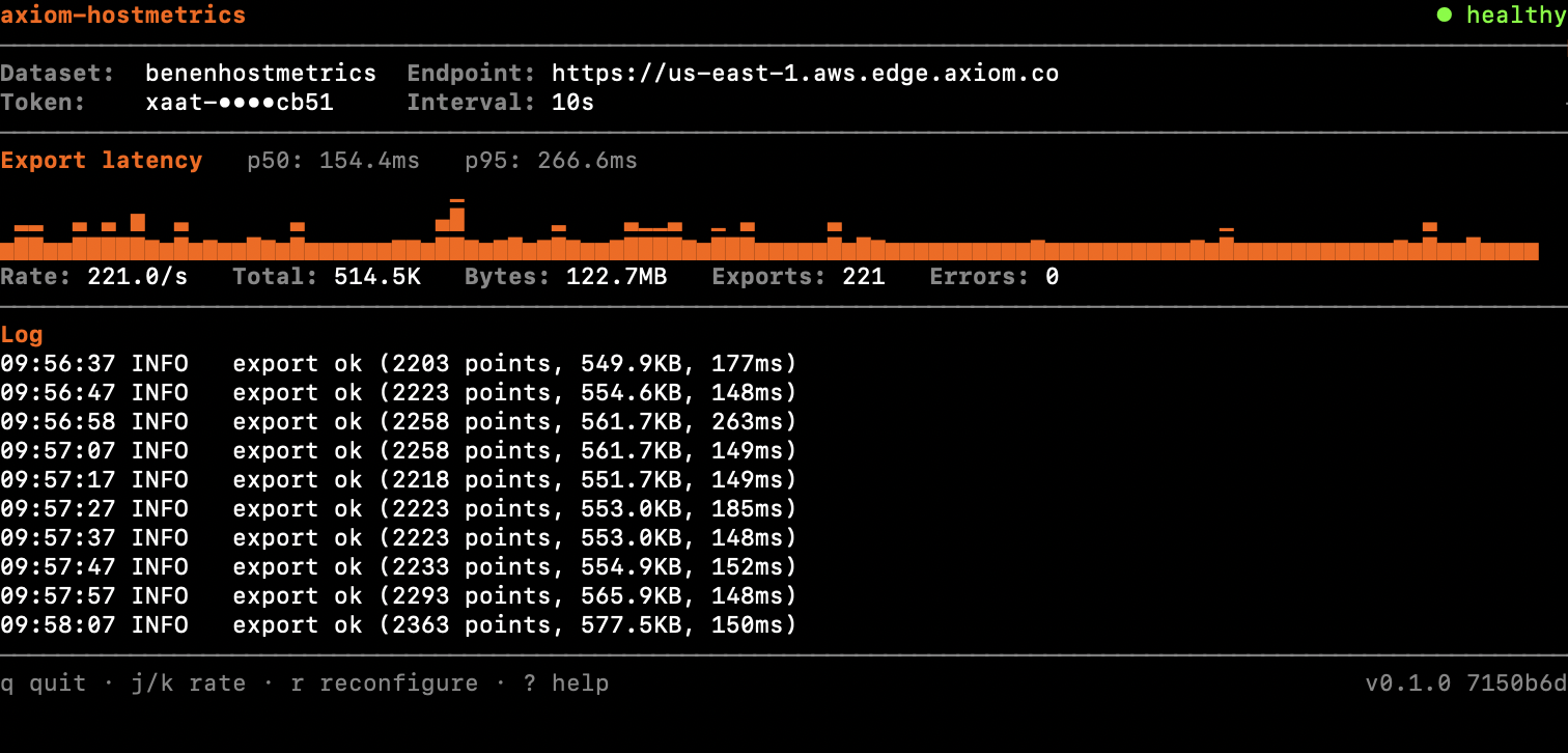 axiom-hostmetrics terminal UI showing export latency and live log output