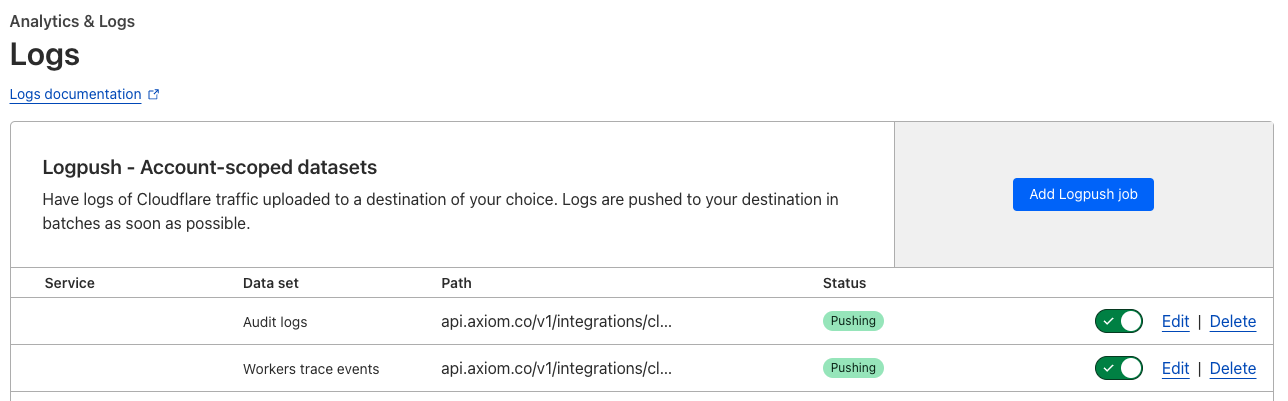 CloudFlare Logpush on account level